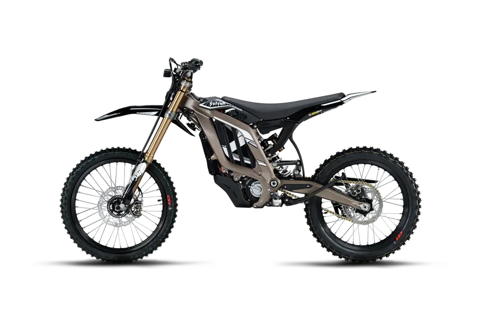 Bronze edition 2026 Sur-Ron Light Bee 2 LBX2 electric dirt bike side view highlighting 24kW EVO-2 powertrain, gold inverted front forks, and off-road spoked wheels.