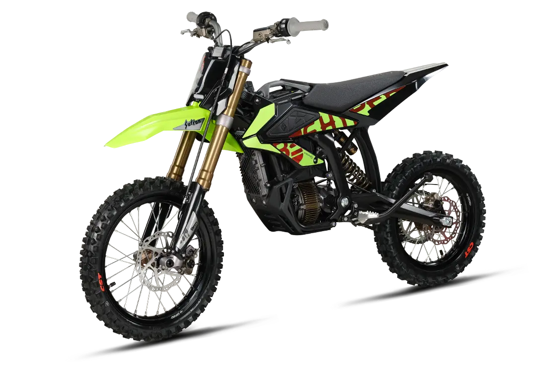 Neon lime and black 2026 Sur-Ron Hyper Bee electric dirt bike three-quarters view showing 8kW mid-drive motor, gold USD front forks, and off-road spoked wheels.