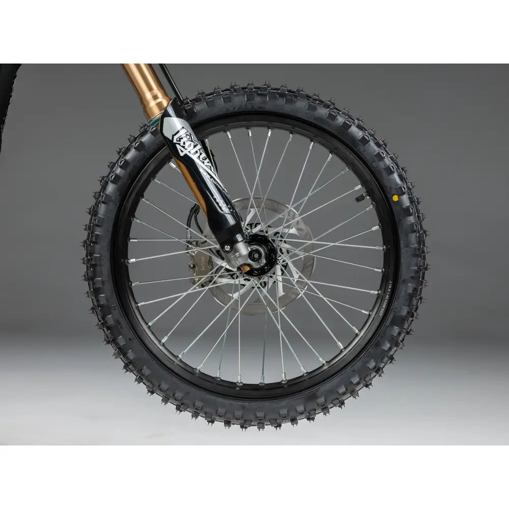 Front wheel detail of 2026 Sur-Ron LBX2 showing heavy-duty off-road spoked wheel, CST knobby tire, hydraulic brake rotor, and gold suspension fork dropouts.