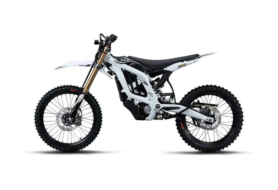 White 2026 Sur-Ron Light Bee 2 LBX2 electric dirt bike side profile displaying white aluminum frame, 78.54V 45Ah battery enclosure, and long-travel front suspension.