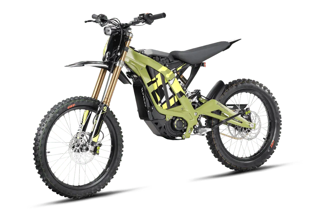 Lime green graphic edition 2026 Sur-Ron Light Bee X electric dirt bike three-quarters view displaying lightweight ~50kg chassis, gold USD forks, and off-road knobby tires.