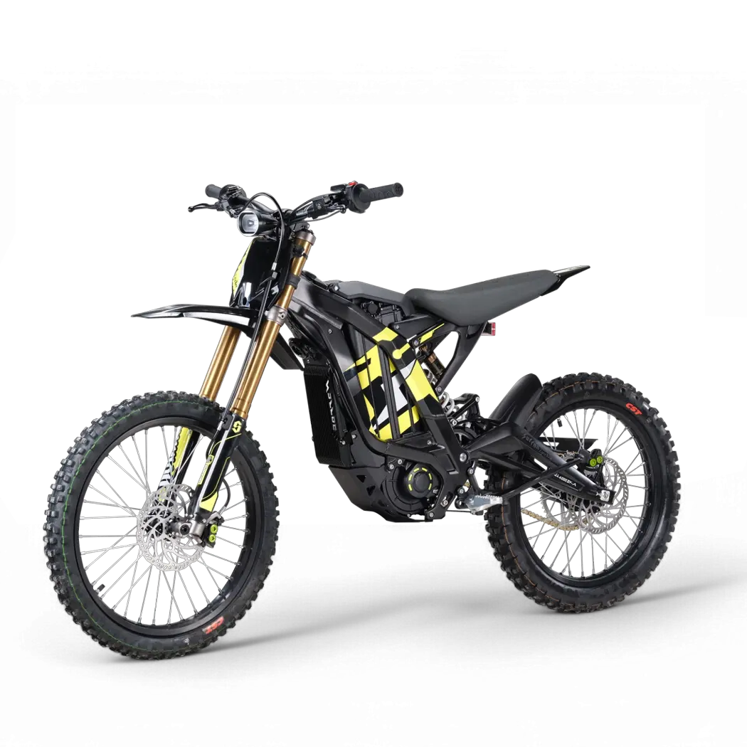 Black and yellow graphic edition 2026 Sur-Ron Light Bee X electric dirt bike three-quarters view highlighting high-output 10kW powertrain and reinforced battery bay.