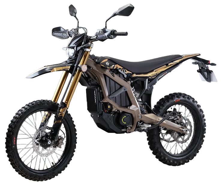 2026 Sur-Ron Ultra Bee HP T Street Legal L3e Edition electric dirt bike in bronze chassis finish with factory dual side mirrors, extended rear license plate assembly, amber fork reflectors, and 74V 60Ah battery enclosure.