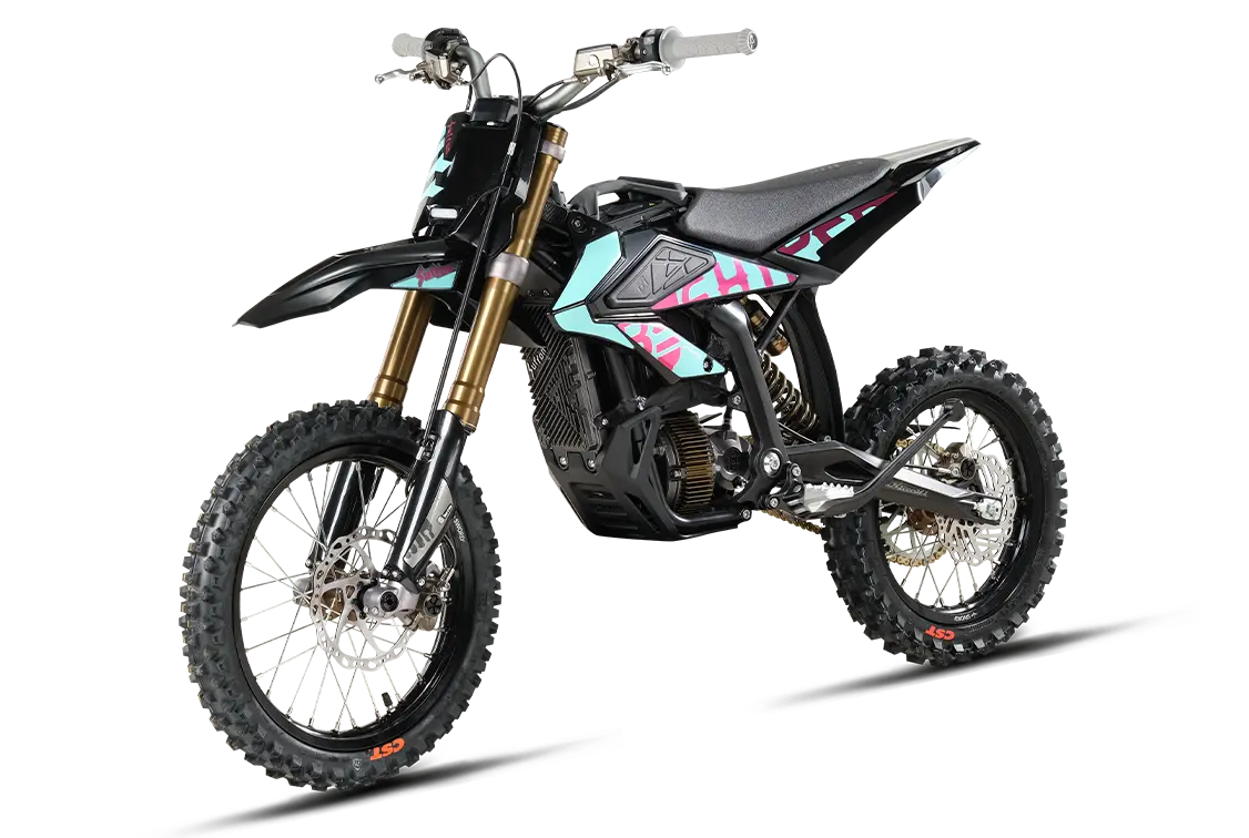 Cyan and pink graphic edition 2026 Sur-Ron Hyper Bee electric dirt bike three-quarters view displaying compact 39kg chassis, gold inverted forks, and hydraulic disc brakes.