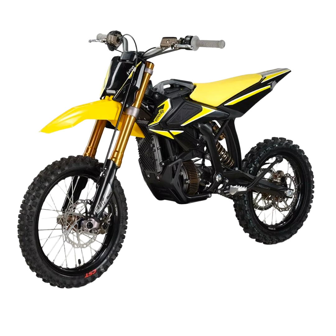 Yellow and black 2026 Sur-Ron Hyper Bee electric dirt bike three-quarters view showing high front fender, gold suspension forks, and 14-inch front spoked wheel.