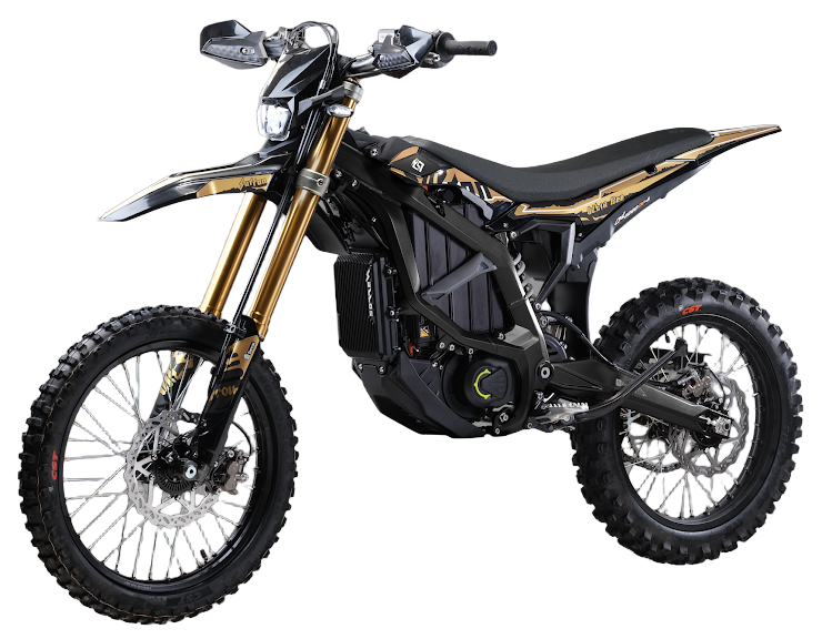 2026 Sur-Ron Ultra Bee HP X Off-Road Edition electric dirt bike in black and gold graphic kit featuring forged aluminum frame, gold USD front suspension forks, handguards, and 74V 60Ah battery pack.