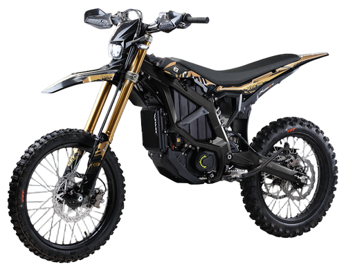 2026 Sur-Ron Ultra Bee HP X Off-Road Edition electric dirt bike in black and gold graphic kit featuring forged aluminum frame, gold USD front suspension forks, handguards, and 74V 60Ah battery pack.