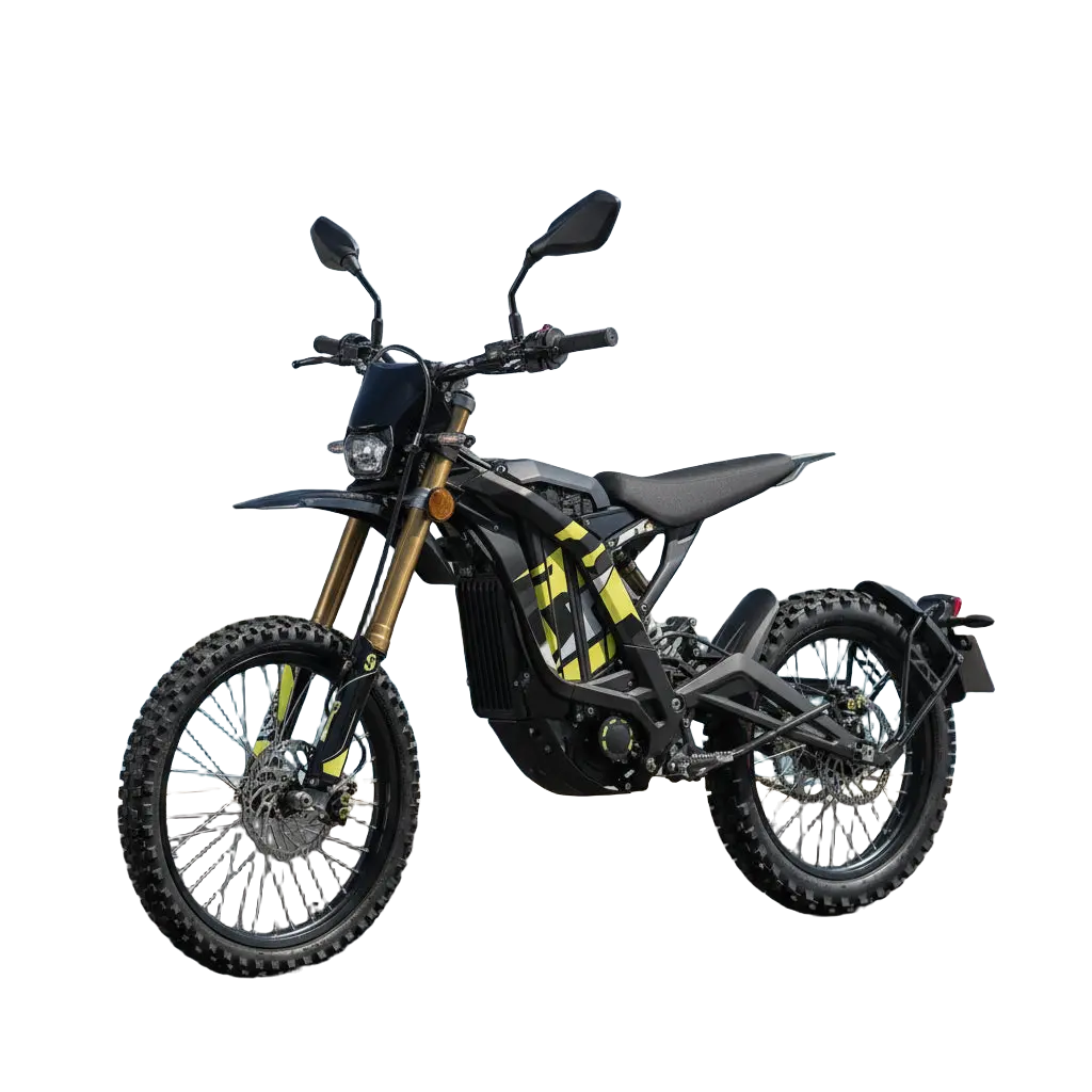 2026 Sur-Ron Light Bee X 3C street-legal electric dirt bike in black and yellow featuring factory mirrors, LED turn signals, license plate bracket, and 72V 10kW powertrain.