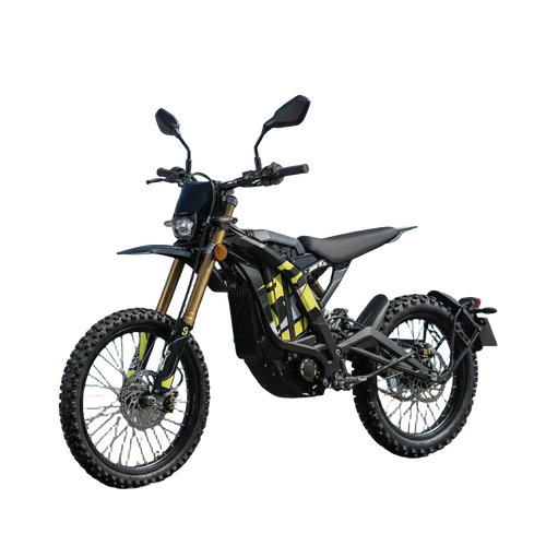 2026 Sur-Ron Light Bee X 3C street-legal electric dirt bike in black and yellow featuring factory mirrors, LED turn signals, license plate bracket, and 72V 10kW powertrain.