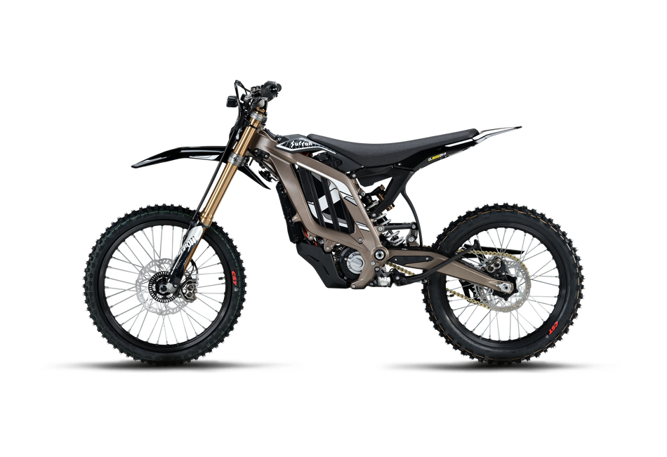 Bronze edition 2026 Sur-Ron Light Bee 2 LBX2 electric dirt bike side view highlighting 24kW EVO-2 powertrain, gold inverted front forks, and off-road spoked wheels.