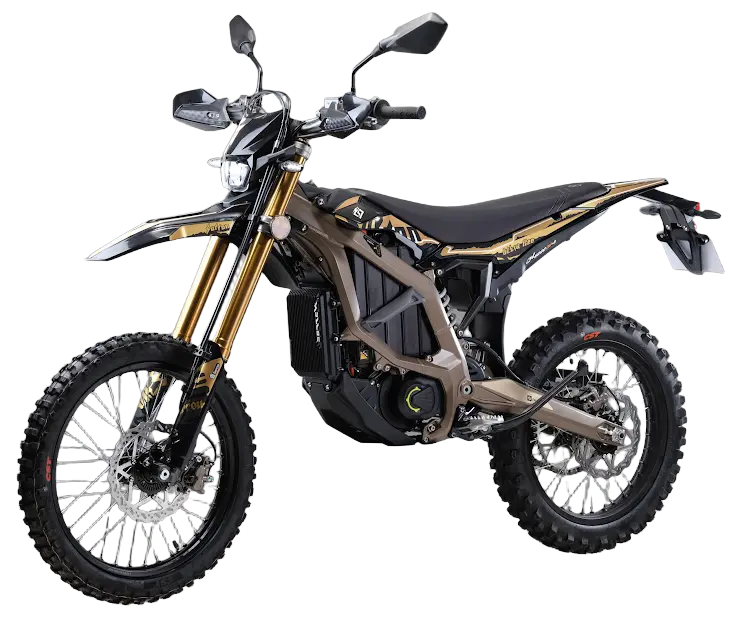 2026 Sur-Ron Ultra Bee HP T Street Legal L3e Edition electric dirt bike in bronze chassis finish with factory dual side mirrors, extended rear license plate assembly, amber fork reflectors, and 74V 60Ah battery enclosure.