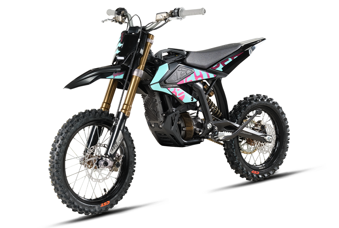 Cyan and pink graphic edition 2026 Sur-Ron Hyper Bee electric dirt bike three-quarters view displaying compact 39kg chassis, gold inverted forks, and hydraulic disc brakes.