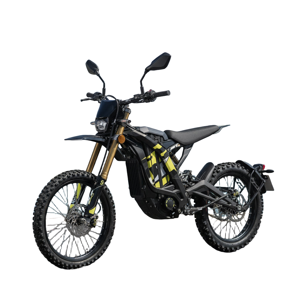 2026 Sur-Ron Light Bee X 3C street-legal electric dirt bike in black and yellow featuring factory mirrors, LED turn signals, license plate bracket, and 72V 10kW powertrain.