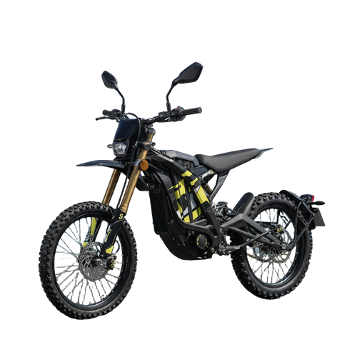 2026 Sur-Ron Light Bee X 3C street-legal electric dirt bike in black and yellow featuring factory mirrors, LED turn signals, license plate bracket, and 72V 10kW powertrain.