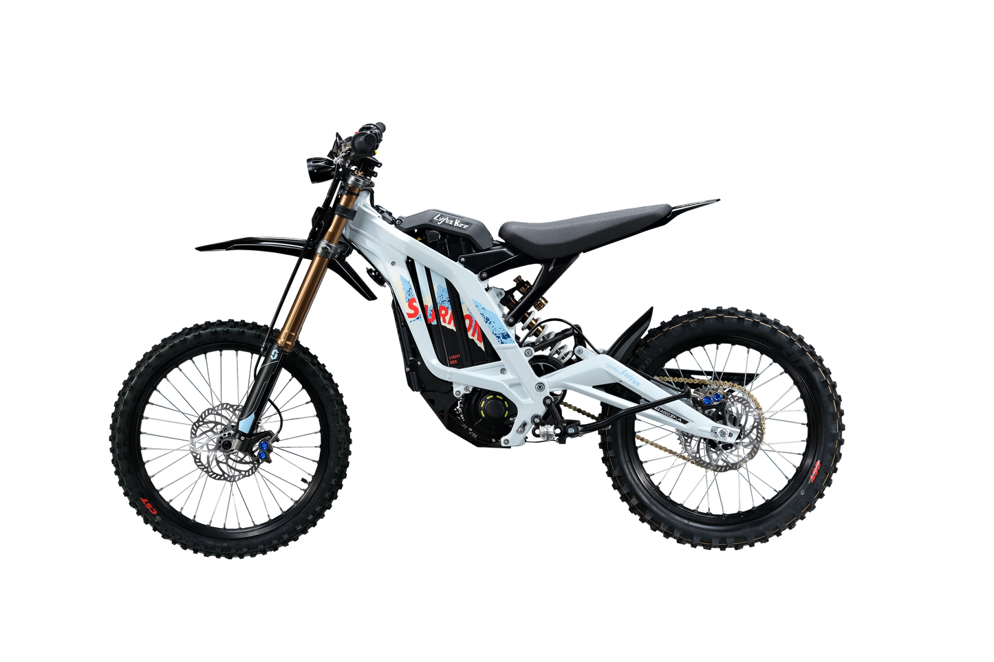 Side profile of white and silver 2026 Sur-Ron Light Bee X (72V 10kW) electric dirt bike highlighting mid-drive PMSM motor, lightweight aluminum frame, and rear chain drive.