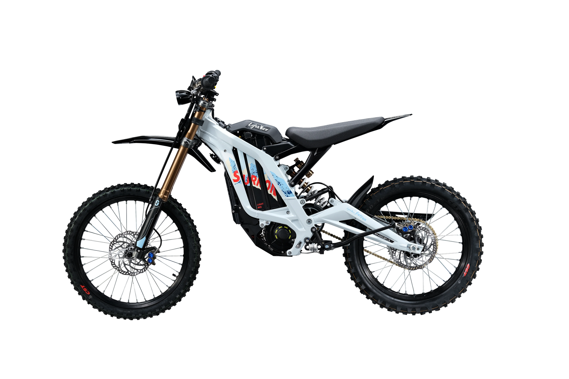 Side profile of white and silver 2026 Sur-Ron Light Bee X (72V 10kW) electric dirt bike highlighting mid-drive PMSM motor, lightweight aluminum frame, and rear chain drive.