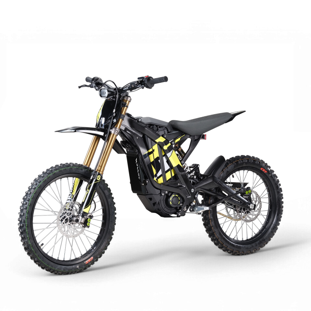 Black and yellow graphic edition 2026 Sur-Ron Light Bee X electric dirt bike three-quarters view highlighting high-output 10kW powertrain and reinforced battery bay.