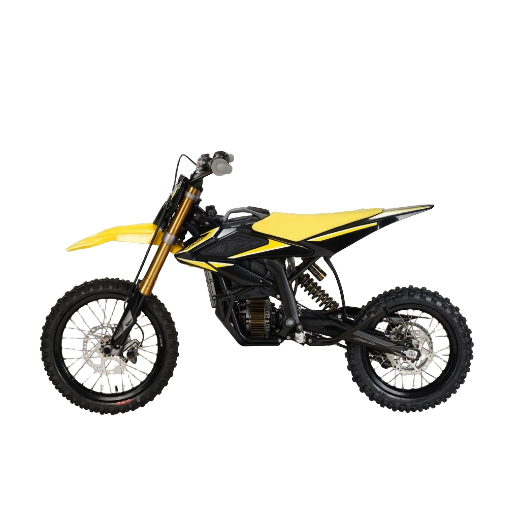 Side profile of yellow and black 2026 Sur-Ron Hyper Bee electric dirt bike showcasing ultra-lightweight mid-frame, mid-drive PMSM motor, and hydraulic brakes.