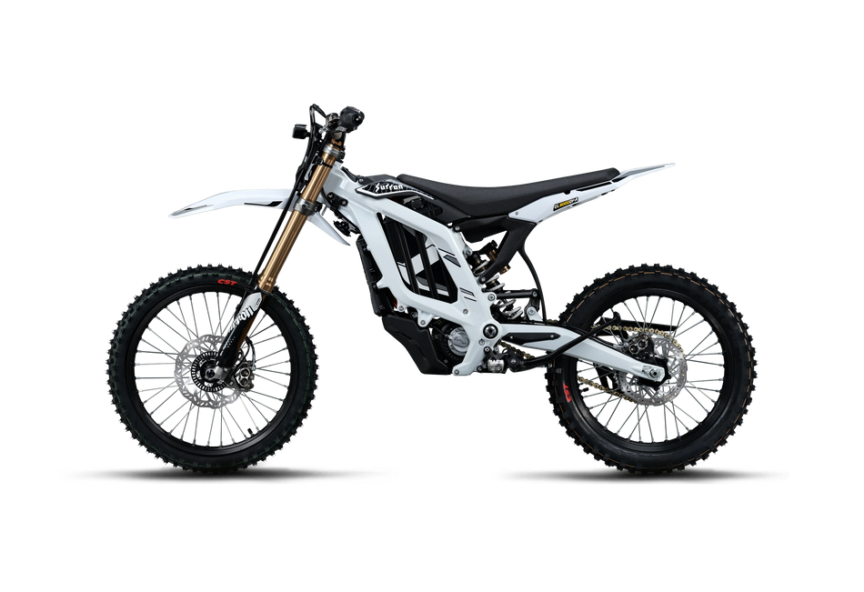 White 2026 Sur-Ron Light Bee 2 LBX2 electric dirt bike side profile displaying white aluminum frame, 78.54V 45Ah battery enclosure, and long-travel front suspension.