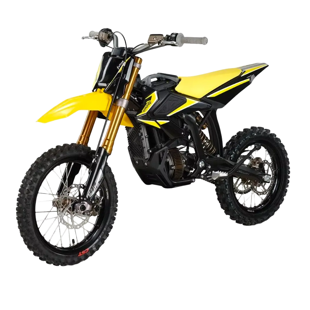 Yellow and black 2026 Sur-Ron Hyper Bee electric dirt bike three-quarters view showing high front fender, gold suspension forks, and 14-inch front spoked wheel.