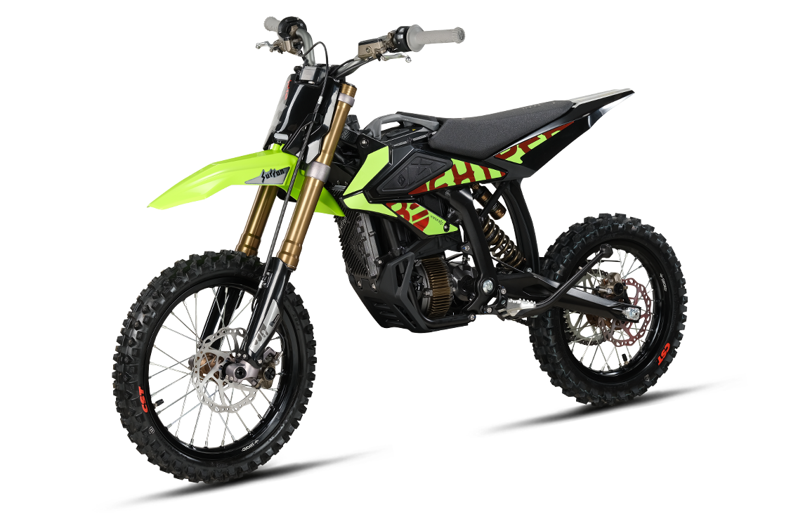 Neon lime and black 2026 Sur-Ron Hyper Bee electric dirt bike three-quarters view showing 8kW mid-drive motor, gold USD front forks, and off-road spoked wheels.