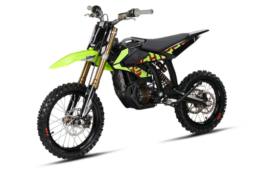 Neon lime and black 2026 Sur-Ron Hyper Bee electric dirt bike three-quarters view showing 8kW mid-drive motor, gold USD front forks, and off-road spoked wheels.