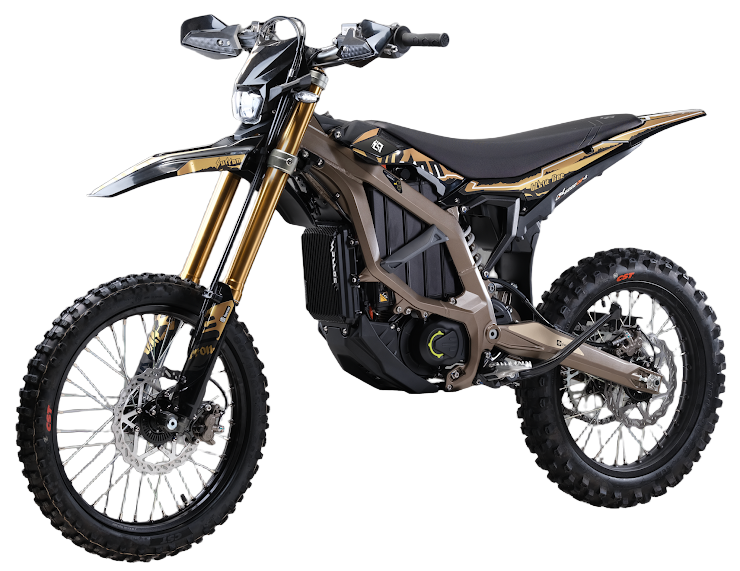2026 Sur-Ron Ultra Bee HP X Off-Road Edition electric dirt bike in bronze chassis finish showcasing inverted front forks, knobby CST off-road tires, mid-drive motor, and 24.5kW peak power powertrain.