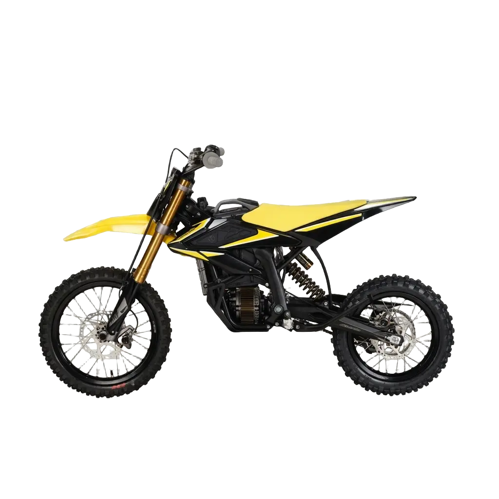 Side profile of yellow and black 2026 Sur-Ron Hyper Bee electric dirt bike showcasing ultra-lightweight mid-frame, mid-drive PMSM motor, and hydraulic brakes.
