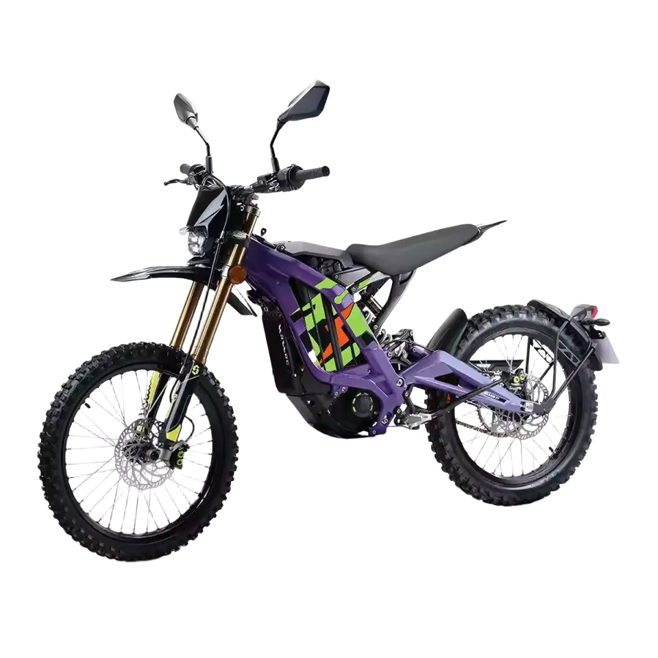 2026 Sur-Ron Light Bee X 3C street-legal electric dirt bike in purple and neon graphics featuring 72V 10kW powertrain.