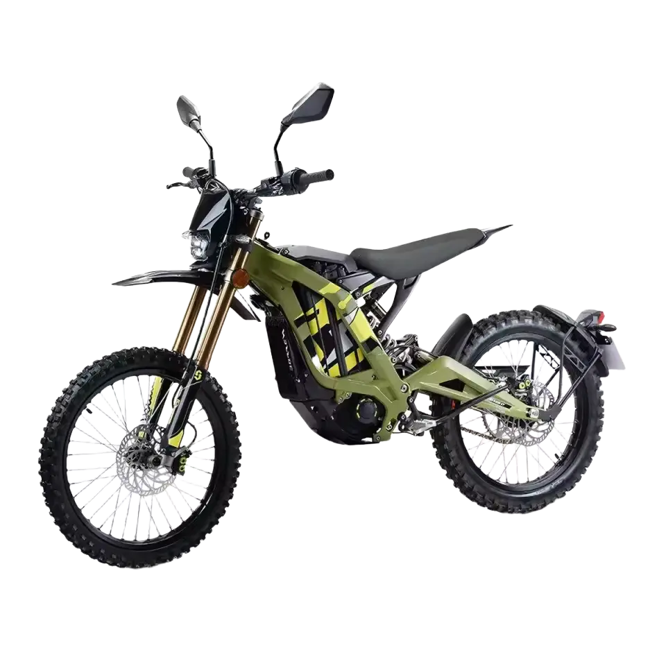 2026 Sur-Ron Light Bee X 3C street-legal electric dirt bike in olive green with 72V 10kW powertrain and road mirrors.