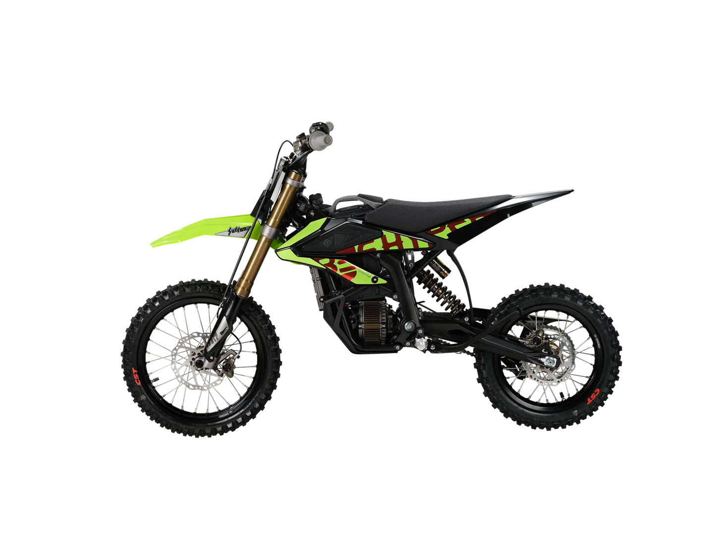 Side profile of neon lime 2026 Sur-Ron Hyper Bee electric dirt bike highlighting forged aluminum frame, 58V 22Ah battery bay, rear shock, and chain drive.