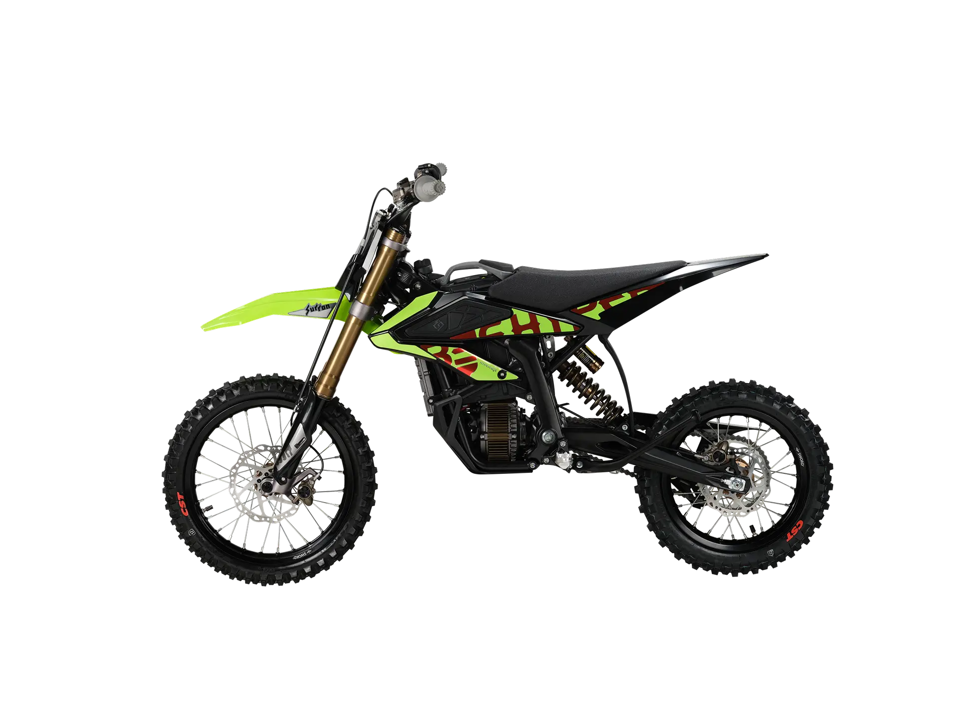 Side profile of neon lime 2026 Sur-Ron Hyper Bee electric dirt bike highlighting forged aluminum frame, 58V 22Ah battery bay, rear shock, and chain drive.