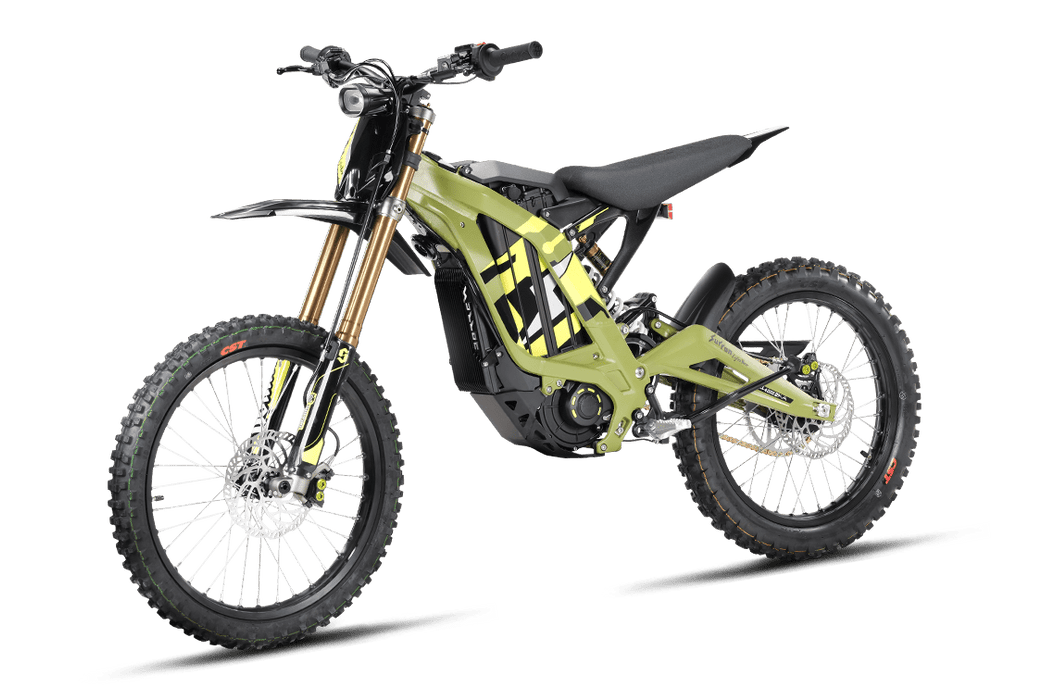 Green and yellow 2026 Sur-Ron Light Bee X 72V 10kW electric dirt bike three-quarters view showing gold inverted front forks, knobby tires, and aluminum frame.