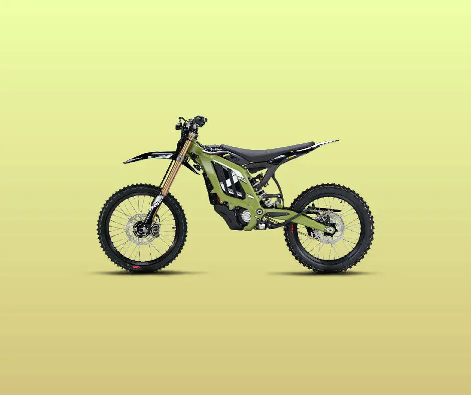 Green 2026 Sur-Ron Light Bee 2 LBX2 electric dirt bike side profile showing reinforced frame, gold USD front suspension forks, mid-drive motor, and CST knobby tires.