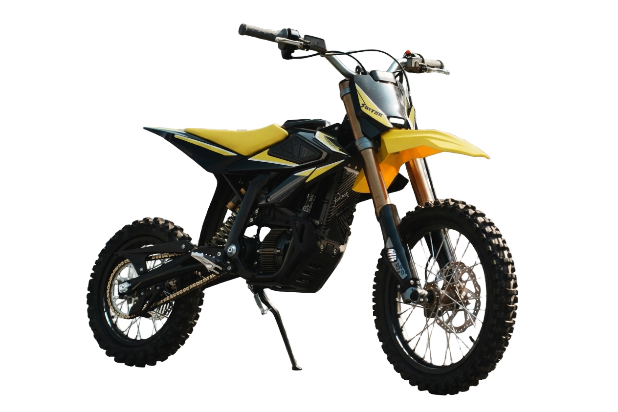 Front three-quarters angle of yellow 2026 Sur-Ron Hyper Bee e-moto on kickstand highlighting front LED headlight plate, CST knobby tires, and ground clearance.