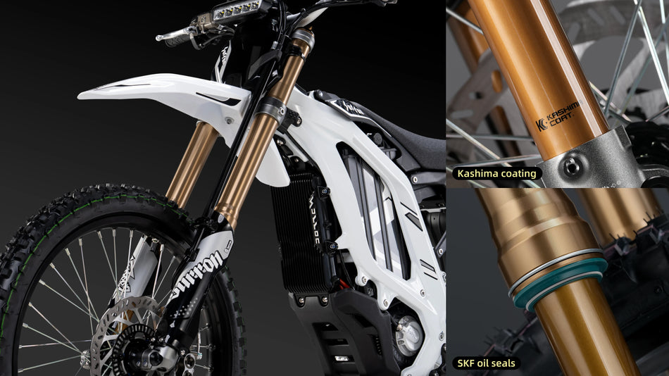 Technical close-up of 2026 Sur-Ron LBX2 front chassis detail highlighting Kashima-coated gold USD forks, SKF oil seals, and radiator cooling array.