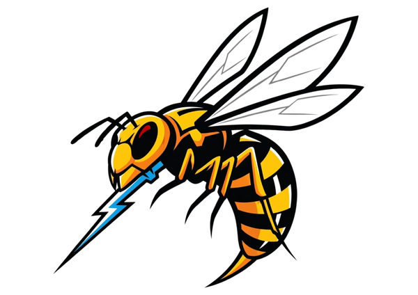 Stinger Electric yellow and black aggressive hornet emblem with blue electric lightning bolt logo.