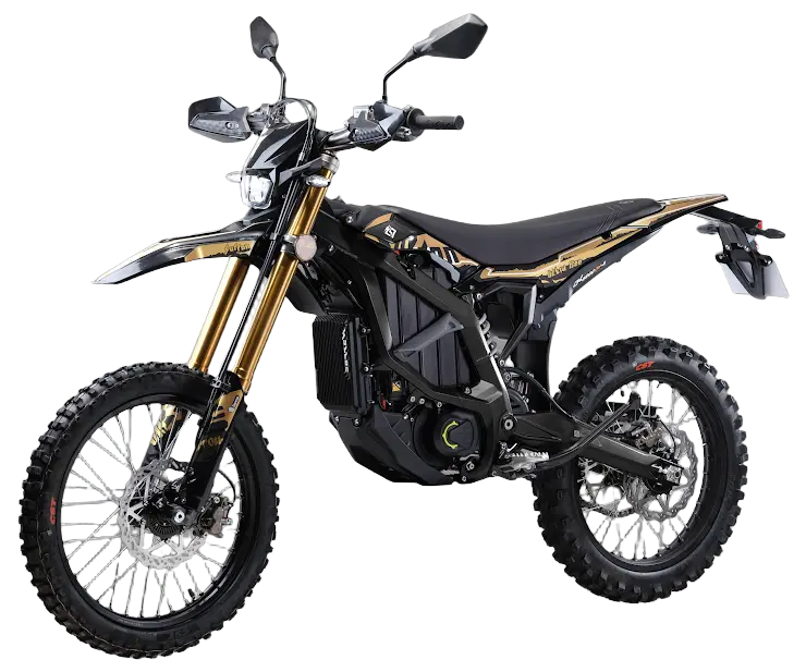 2026 Sur-Ron Ultra Bee HP T Street Legal L3e Edition electric dirt bike in black and gold featuring factory dual side mirrors, extended rear fender with license plate mount, LED indicators, and gold USD forks.
