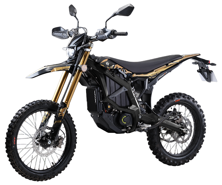 2026 Sur-Ron Ultra Bee HP T Street Legal L3e Edition electric dirt bike in black and gold featuring factory dual side mirrors, extended rear fender with license plate mount, LED indicators, and gold USD forks.