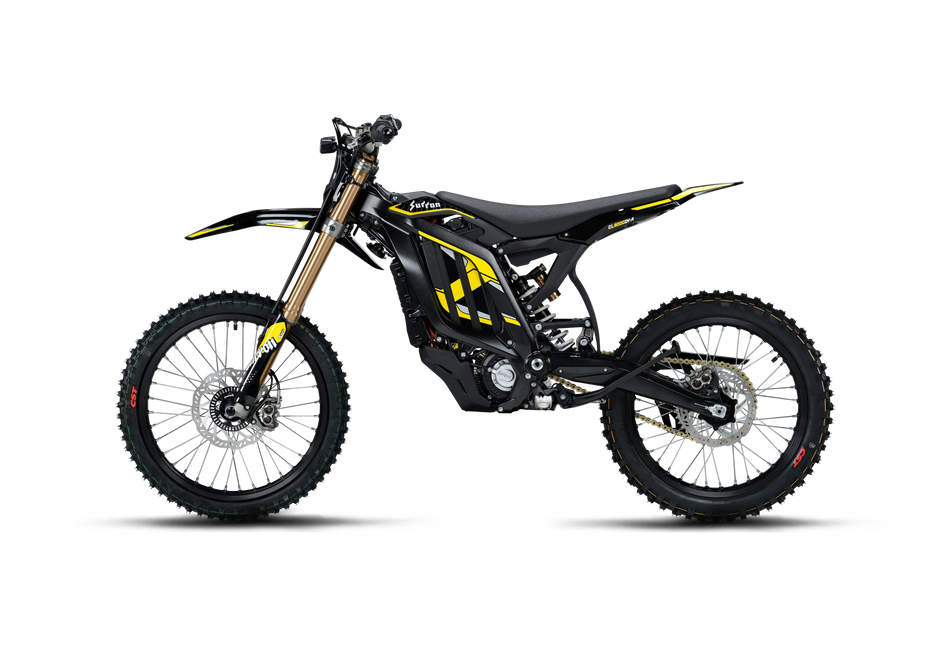 Black and yellow graphic edition 2026 Sur-Ron Light Bee 2 LBX2 electric dirt bike side profile showcasing lightweight ~65kg chassis and high-discharge battery bay.