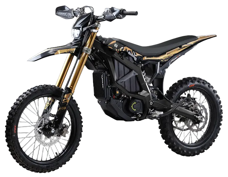 2026 Sur-Ron Ultra Bee HP X Off-Road Edition electric dirt bike in black and gold graphic kit featuring forged aluminum frame, gold USD front suspension forks, handguards, and 74V 60Ah battery pack.
