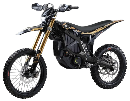 2026 Sur-Ron Ultra Bee HP X Off-Road Edition electric dirt bike in black and gold graphic kit featuring forged aluminum frame, gold USD front suspension forks, handguards, and 74V 60Ah battery pack.
