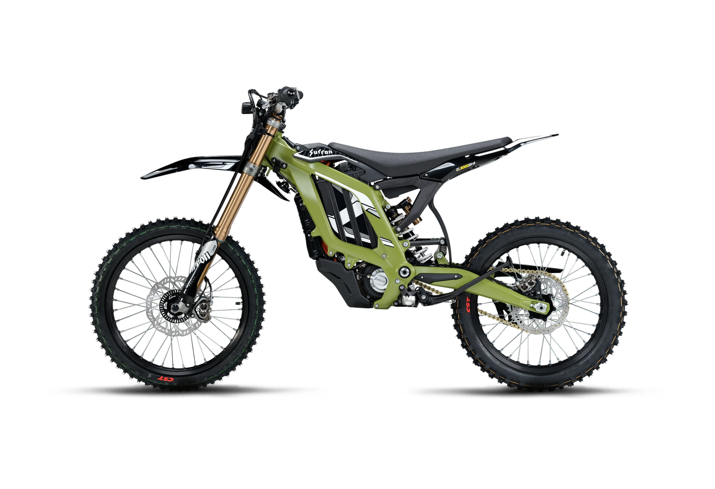 Green 2026 Sur-Ron Light Bee 2 LBX2 electric dirt bike side profile showing reinforced frame, gold USD front suspension forks, mid-drive motor, and CST knobby tires.