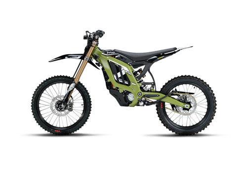 Green 2026 Sur-Ron Light Bee 2 LBX2 electric dirt bike side profile showing reinforced frame, gold USD front suspension forks, mid-drive motor, and CST knobby tires.