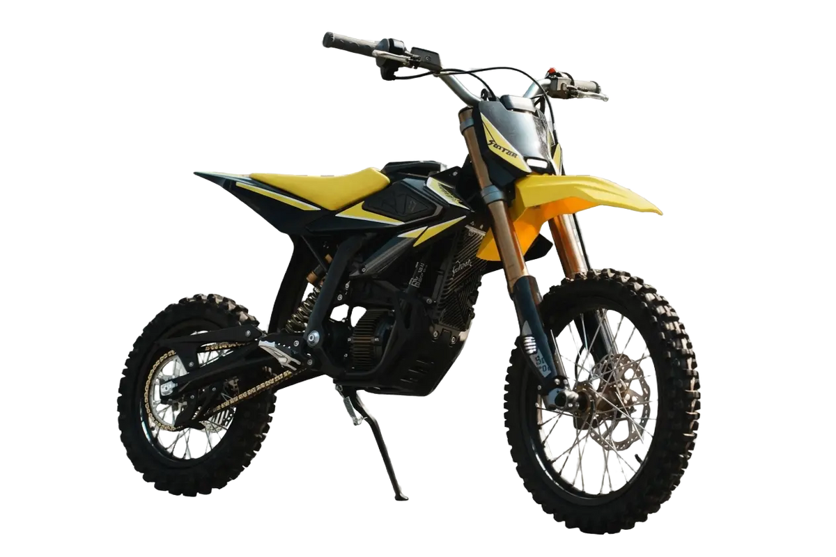 Front three-quarters angle of yellow 2026 Sur-Ron Hyper Bee e-moto on kickstand highlighting front LED headlight plate, CST knobby tires, and ground clearance.