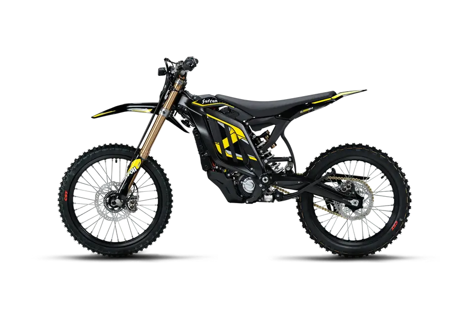 Black and yellow graphic edition 2026 Sur-Ron Light Bee 2 LBX2 electric dirt bike side profile showcasing lightweight ~65kg chassis and high-discharge battery bay.